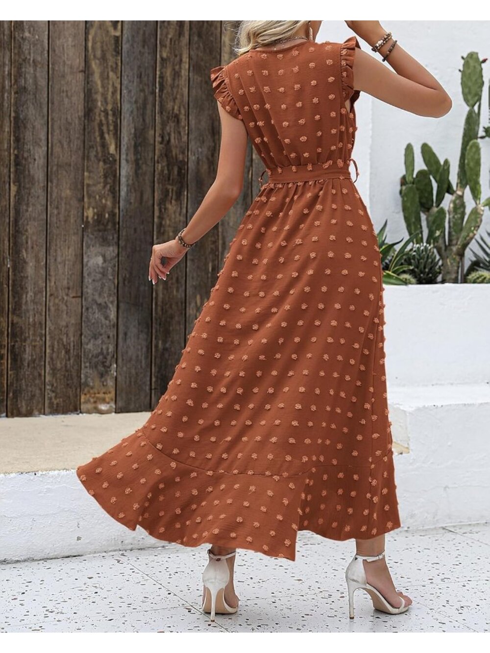 Women's Orange V Neck Summer Dress \Cap Sleeve Swiss Dot Boho Flowy Ruffle Maxi - Picture 4 of 6